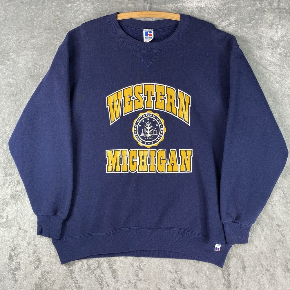 Vintage Western Michigan Sweatshirt Mens XXL Blue Russell Athletic Broncos USA